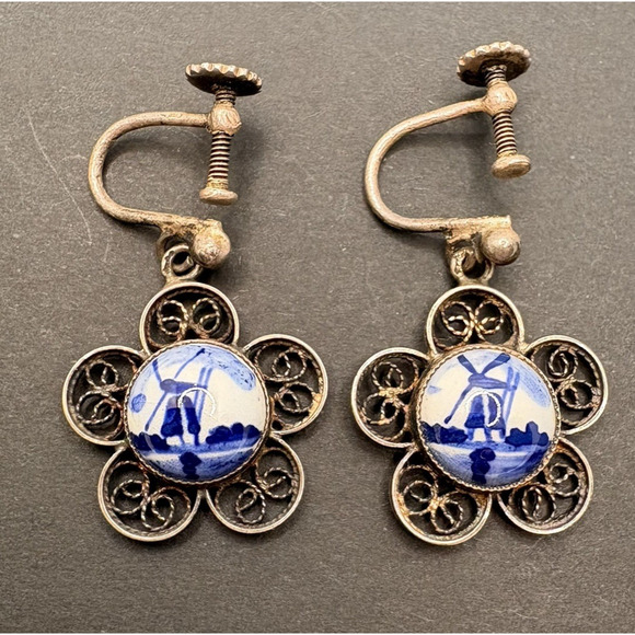 Vintage 835 Silver Delft Windmill Porcelain Dangle Screwback Earrings Signed - Picture 4 of 8